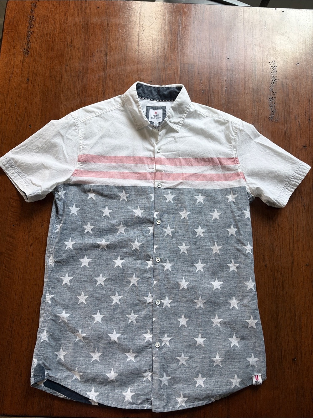 Free Planet Short-Sleeve Flag Print Button-Down Shirt in Red, White and Blue.
